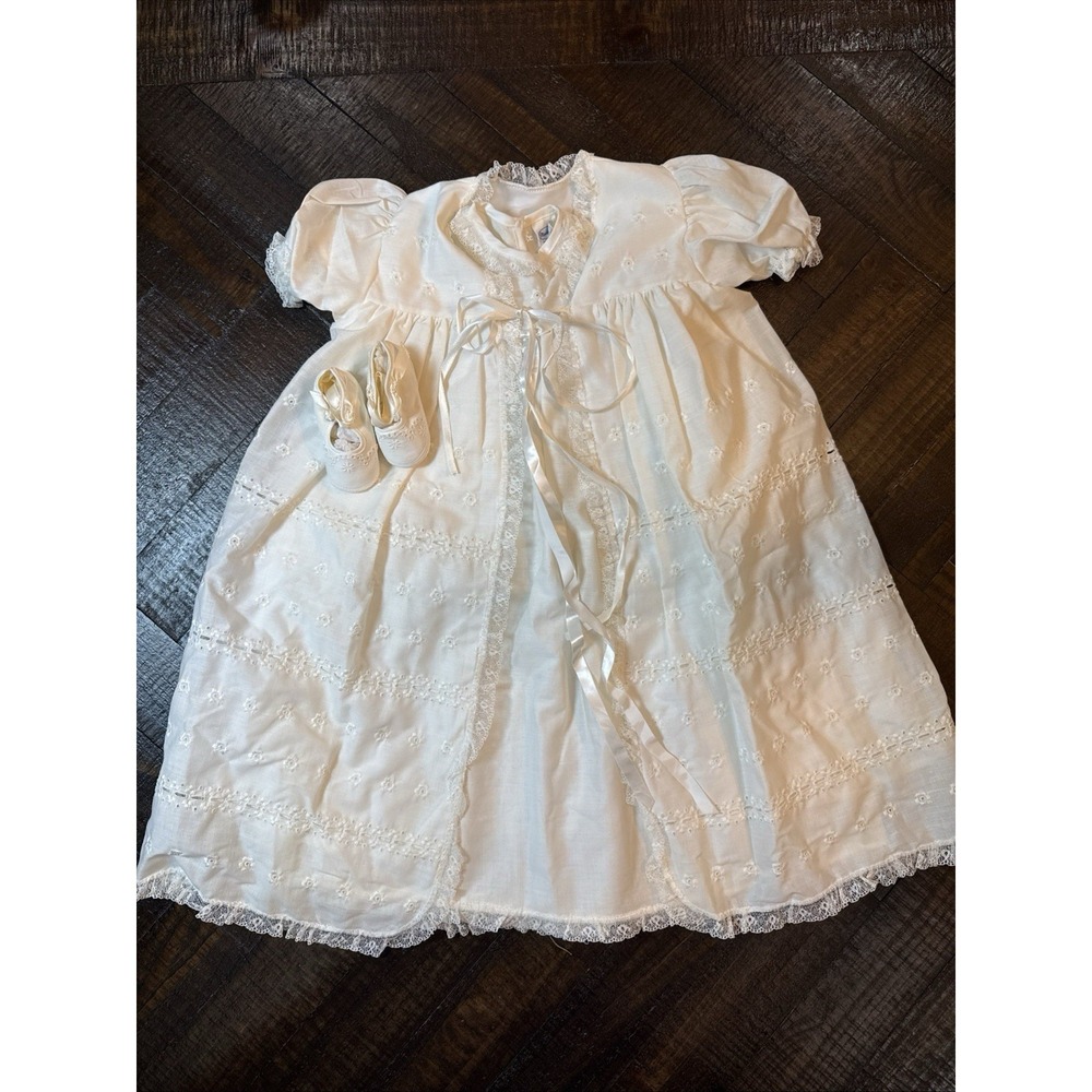Vintage 1960s Baby Christening Baptism Gown Lace Set w/ Shoes Heirloom